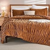 Bedbay Velvet Ruched Comforter Set King Size,Boho Shabby Chic Bedding Comforter,Ultra Soft Burnt Orange Velvet Bedding Set King Size,All Season Lightweight Fluffy Comforter Bed Set 3 Pcs