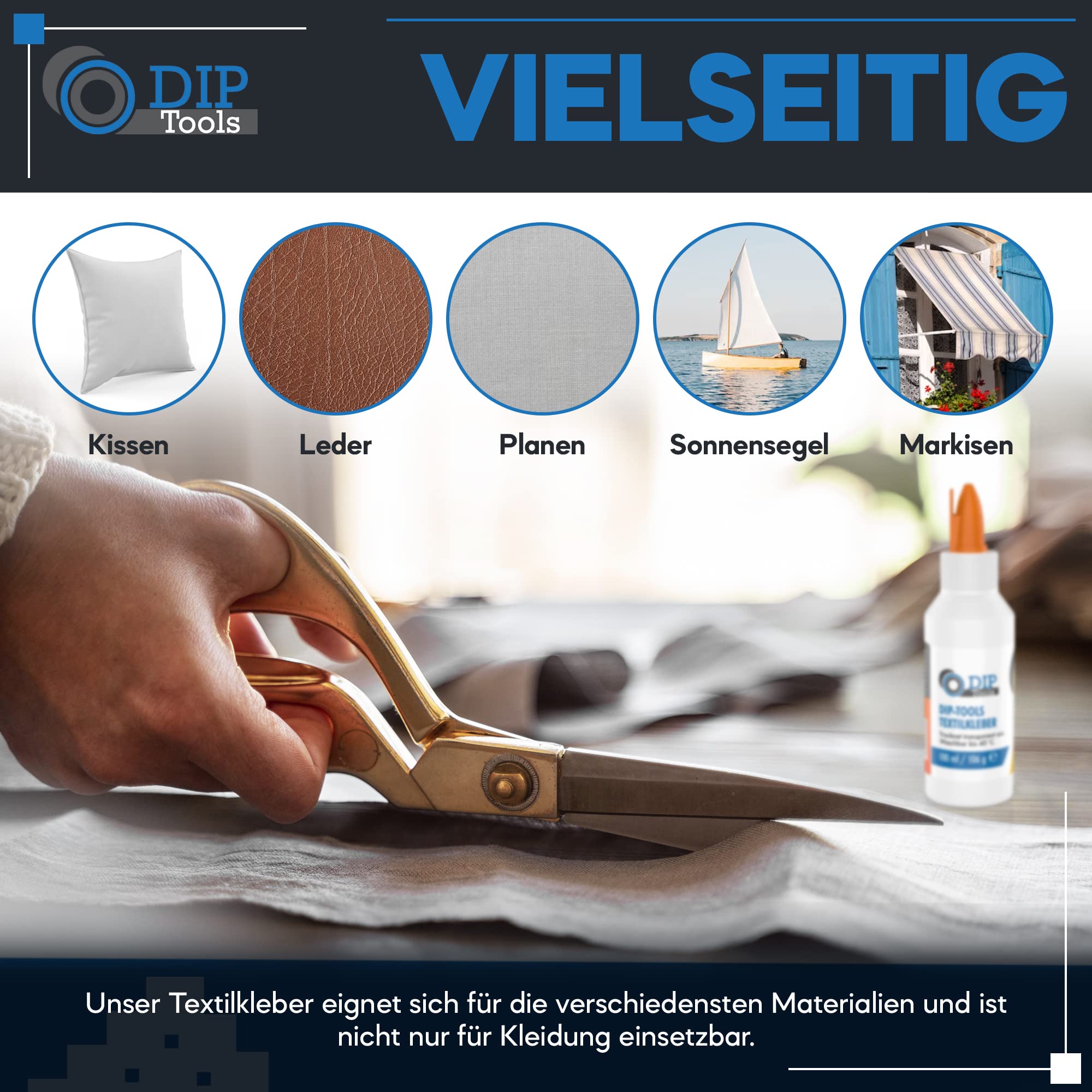 DIP-Tools Textilkleber Stoffkleber waschmaschinenfest 100ml I für Textilien Stoffe Polyester Jeans, Superkleber extra stark, transparent & wasserfest ohne Rückstände, geruchlos ohne Lösungsmittel 3