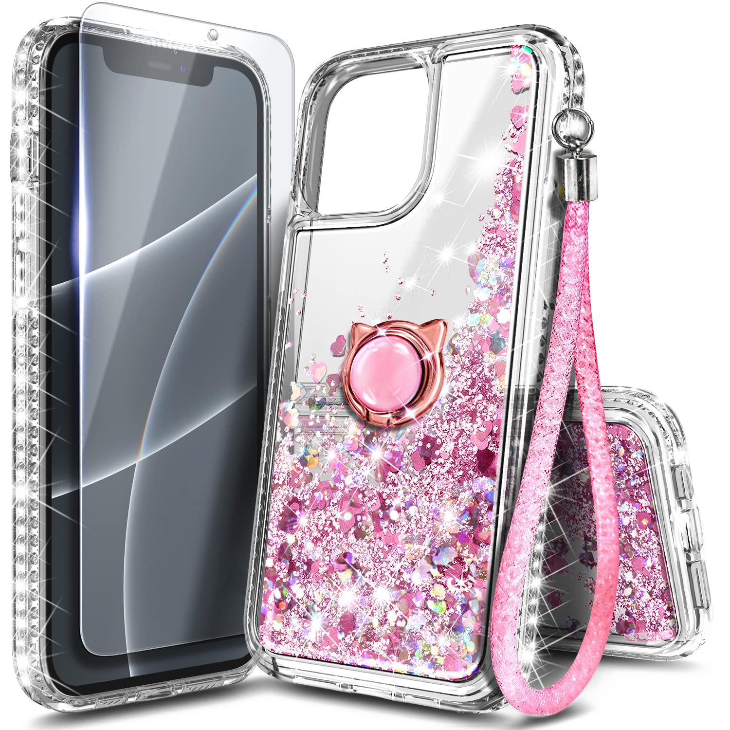 NGB Designed for iPhone 14 Pro Case, Rose Gold | Glitter Liquid Sparkle Cute Cover for Women Girls Kids | with Tempered Glass Screen Protector & Ring Holder & Wrist Strap