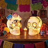 Novabright Pcs Día De Los Muertos Sugar Skull, Day of The Dead Figurine, 2 | Altar Ofrenda Decor for Mexican Home Table Centerpiece, Halloween Statue Decor, Gothic Ornament for Tabletop Mantel Shelve