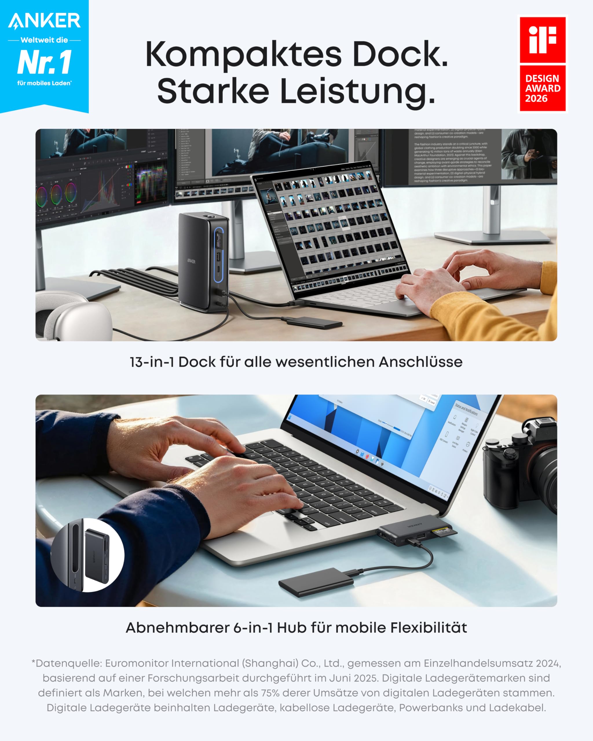 Anker Nano Laptop Docking Station, Integrierter USB C Hub, 13-in-1 Triple-Display (2× HDMI, 1× DP), 10Gbps USB-C, 3× USB-A, Audio, SD/TF, Ethernet, Bis 100W Power Delivery, Für Dell, Lenovo, HP u.v.m. 2