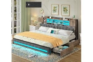 CSZZD King Size Bed Frame and Bookcase Headboard & Storage Drawers, LED Upholstered Platform Bed Frame King Size with USB Charging Station, No Box Spring Needed, Easy Assembly, Oak Gray