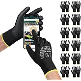 PTCOL Safety Work Gloves PU Coated for Men and Women-12 Pairs,Black Seamless Knit Glove with Three Fingers Touchscreen,Ideal for General Duty Work (X-Large)