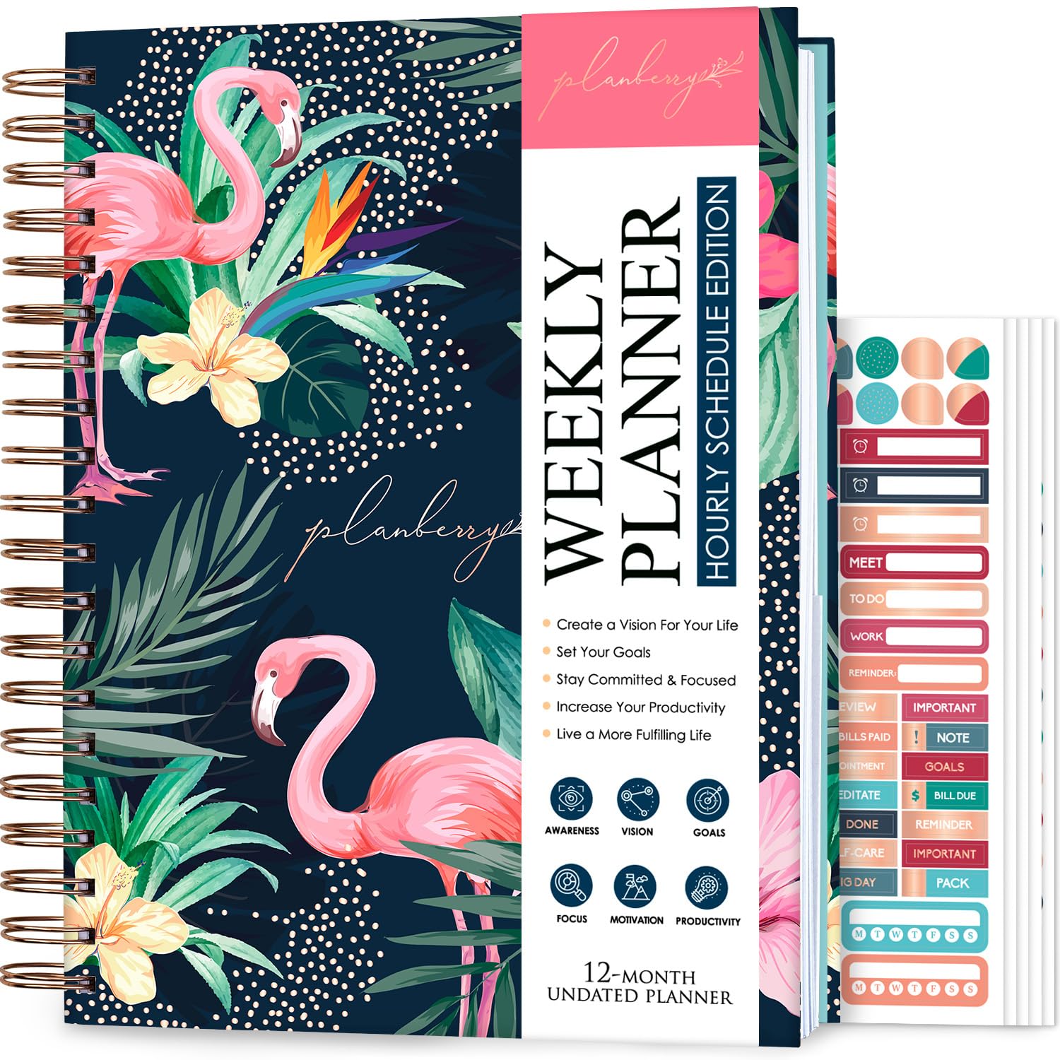 PLANBERRY Large Hourly Schedule Planner Premium – Undated Organizer for Productivity, Time Management & Budget, 20x27cm (Rose Flamingo) — image 1