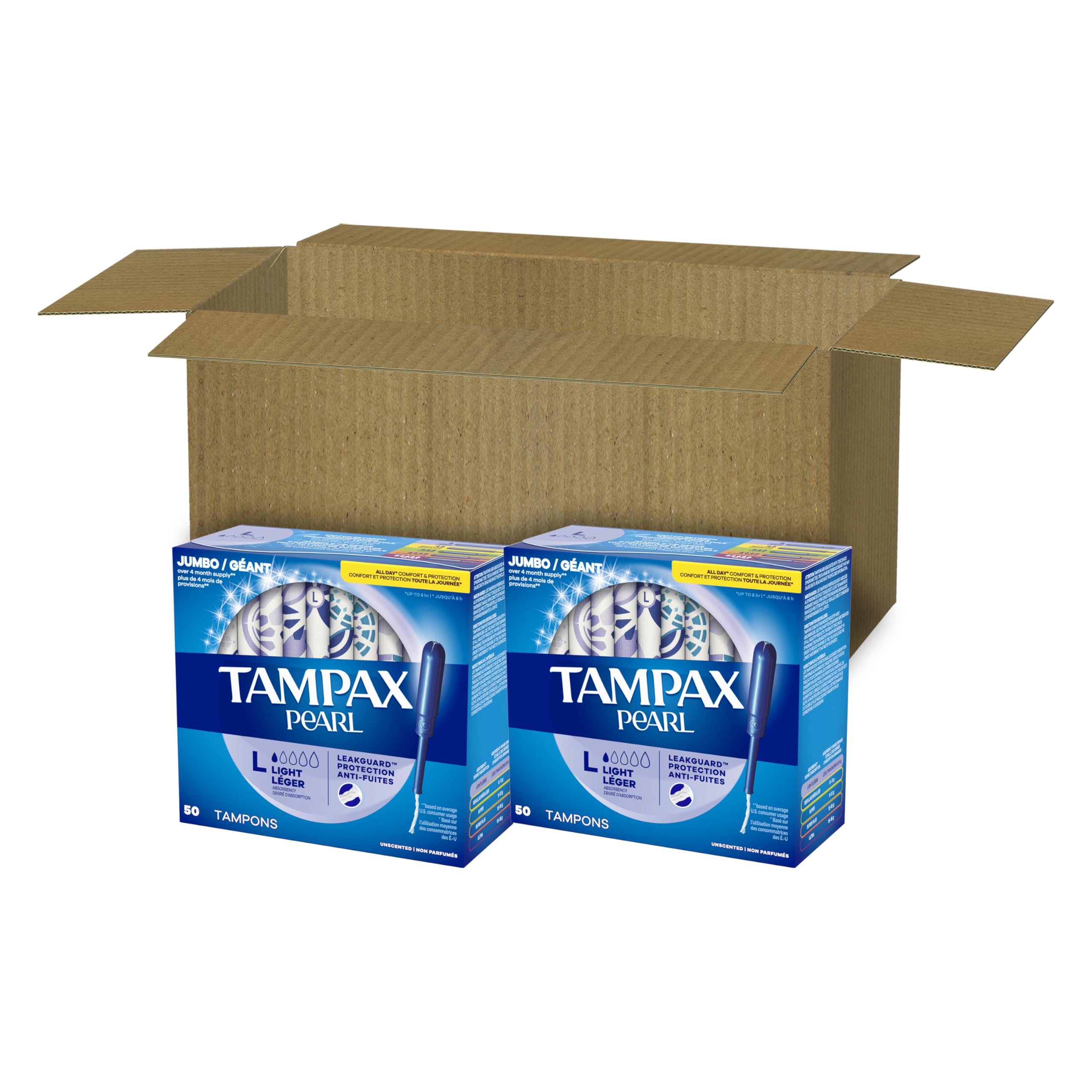 Tampax Pearl Tampons for Women, with LeakGuard Braid, Light Absorbency, Unscented, 100 Count (2 Packs of 50)