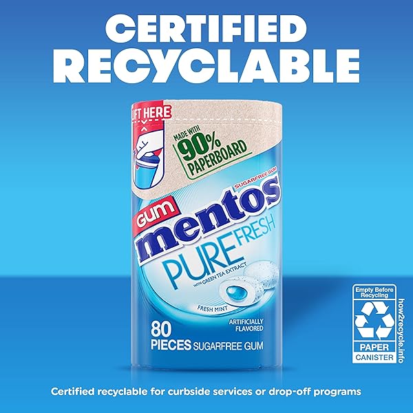 MENTOS PURE FRESH SUGAR-FREE CHEWING GUM WITH XYLITOL, FRESH MINT FLAVOR, EASTER BASKET ESSENTIALS STUFFERS FOR KIDS AND ADULTS, 90% RECYCLABLE PAPERBOARD BOTTLE, 80 PIECES (4-PACK)