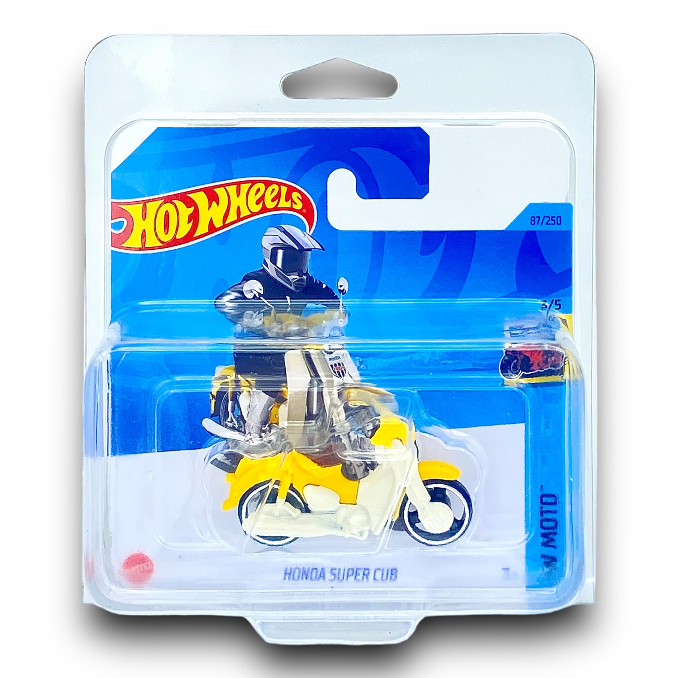 Hot Wheels Honda Super Cub Custom (Yellow & White) 3/5 HW Moto - 2023-87/250 (Short Card) - COMES IN A KLAS CAR KEEPER SHORT CARD PROTECTOR CASE - HKK32