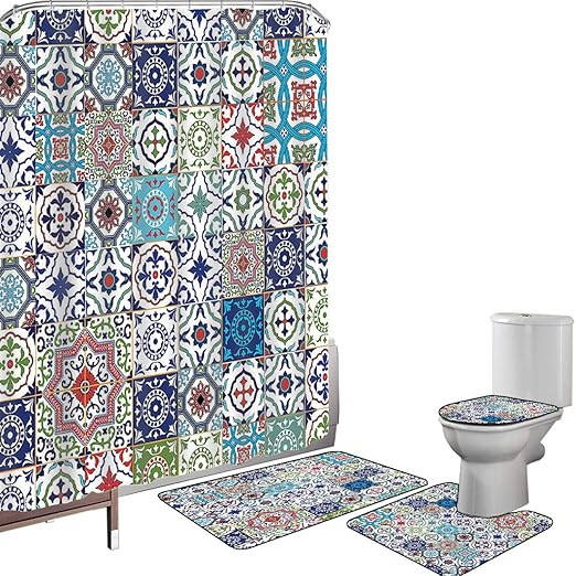Juego de cortinas baño Accesorios baño alfombras Patchwork Theme Mosaic