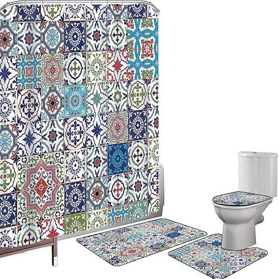 Juego de cortinas baño Accesorios baño alfombras Patchwork Theme Mosaic
