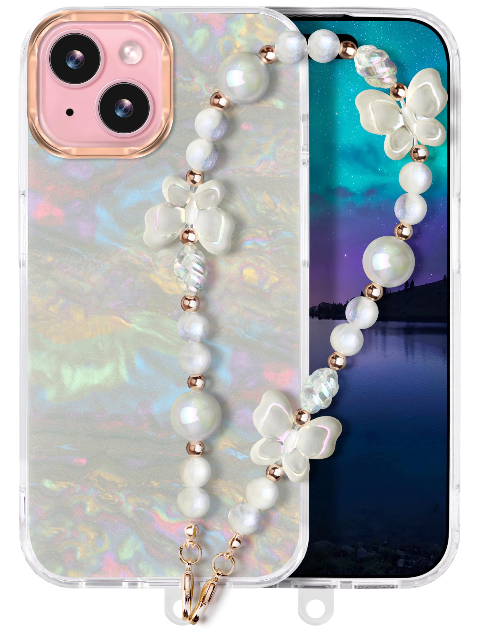 Compatible with iPhone 15 Case for Women Girls, Slim Fit Glitter Cute Phone Case for iPhone 15 with Pearl Phone Charm Lanyard Wrist Strap, Shockproof Hard Protective Case 6.1 Inch Shiny Grey