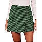 WDIRARA Women's Houndstooth Print Wrap Front Skort High Waist Asymmetrical Button Casual Shorts Skirts