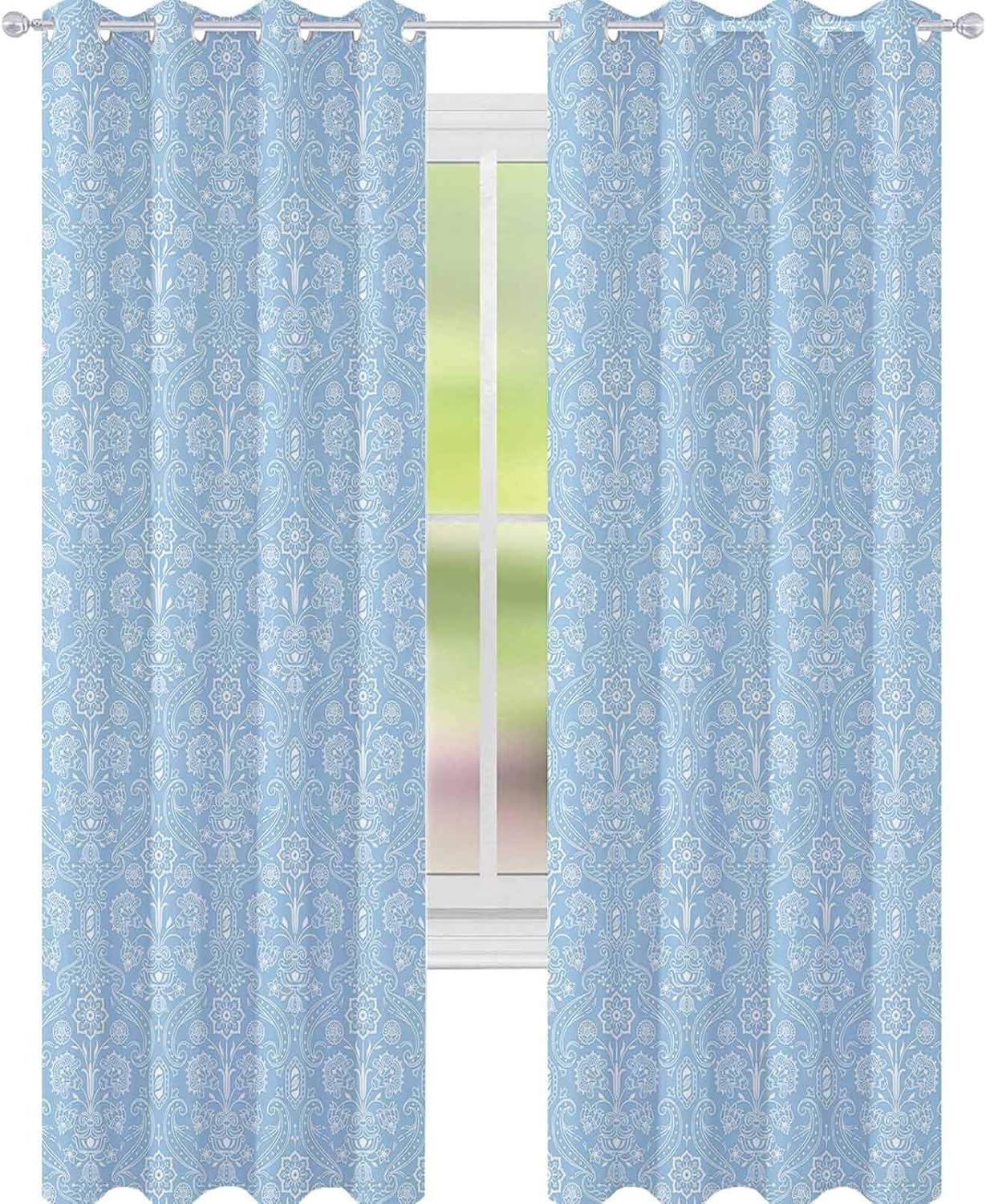 YUAZHOQI Light Blue Window Curtain Drape Ancient Foliage Baroque Damask