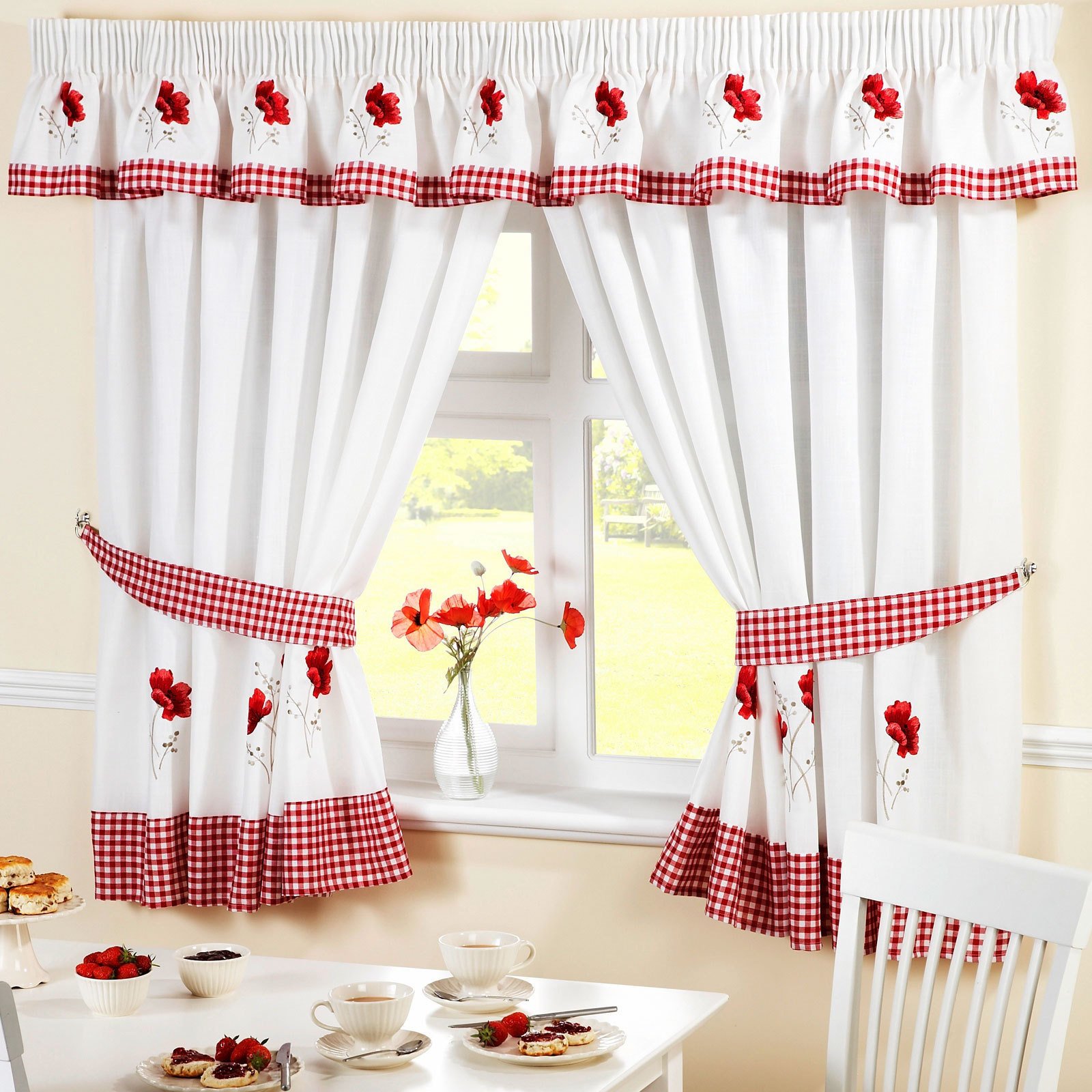Embroidered Floral Gingham Checked Poppies Pencil Pleat Kitchen Curtains and Tiebacks, Red, 46 x 48-Inch