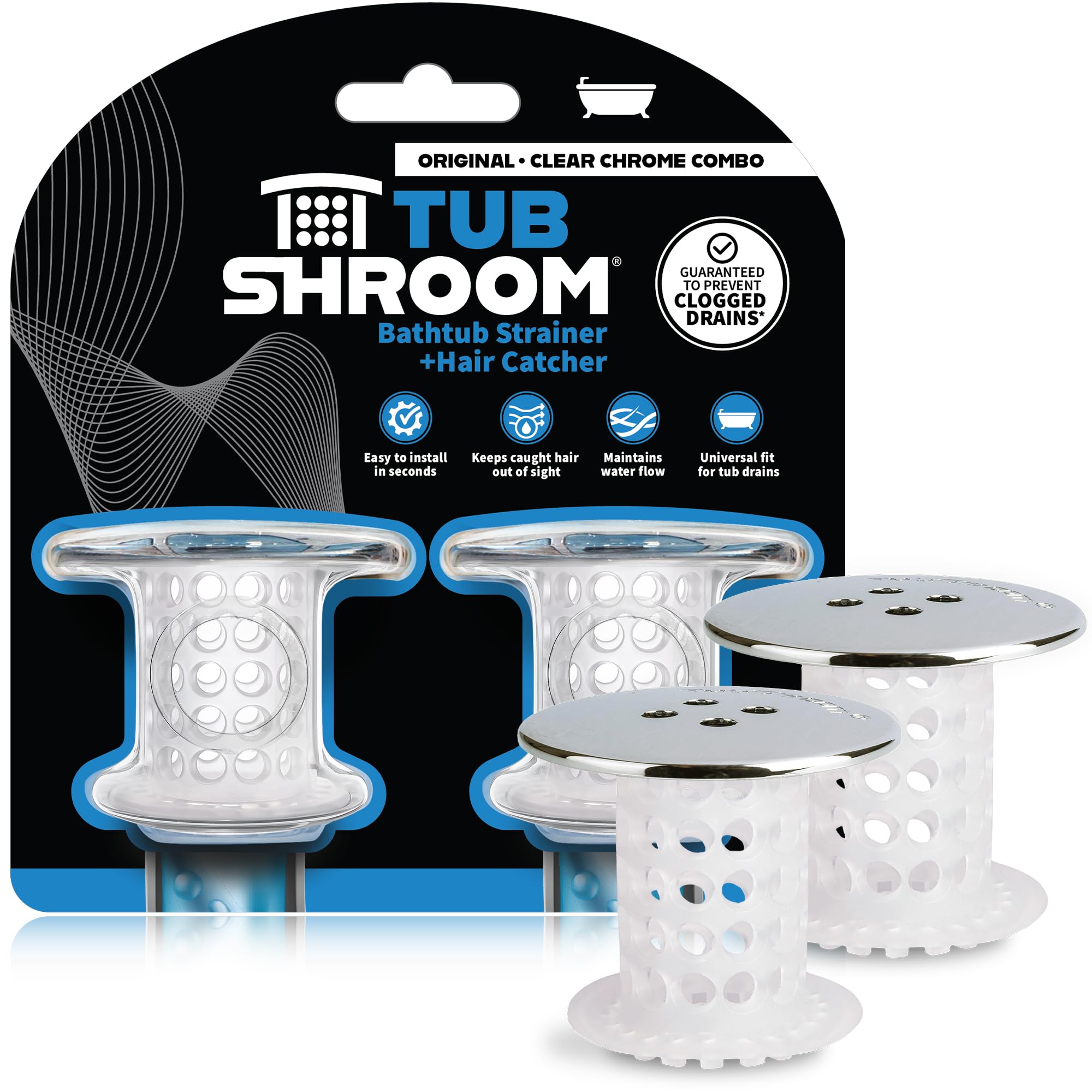 TubShroom Chrome Edition Revolutionary Tub Drain Protector Hair Catcher, Strainer, Snare, 2 Pack