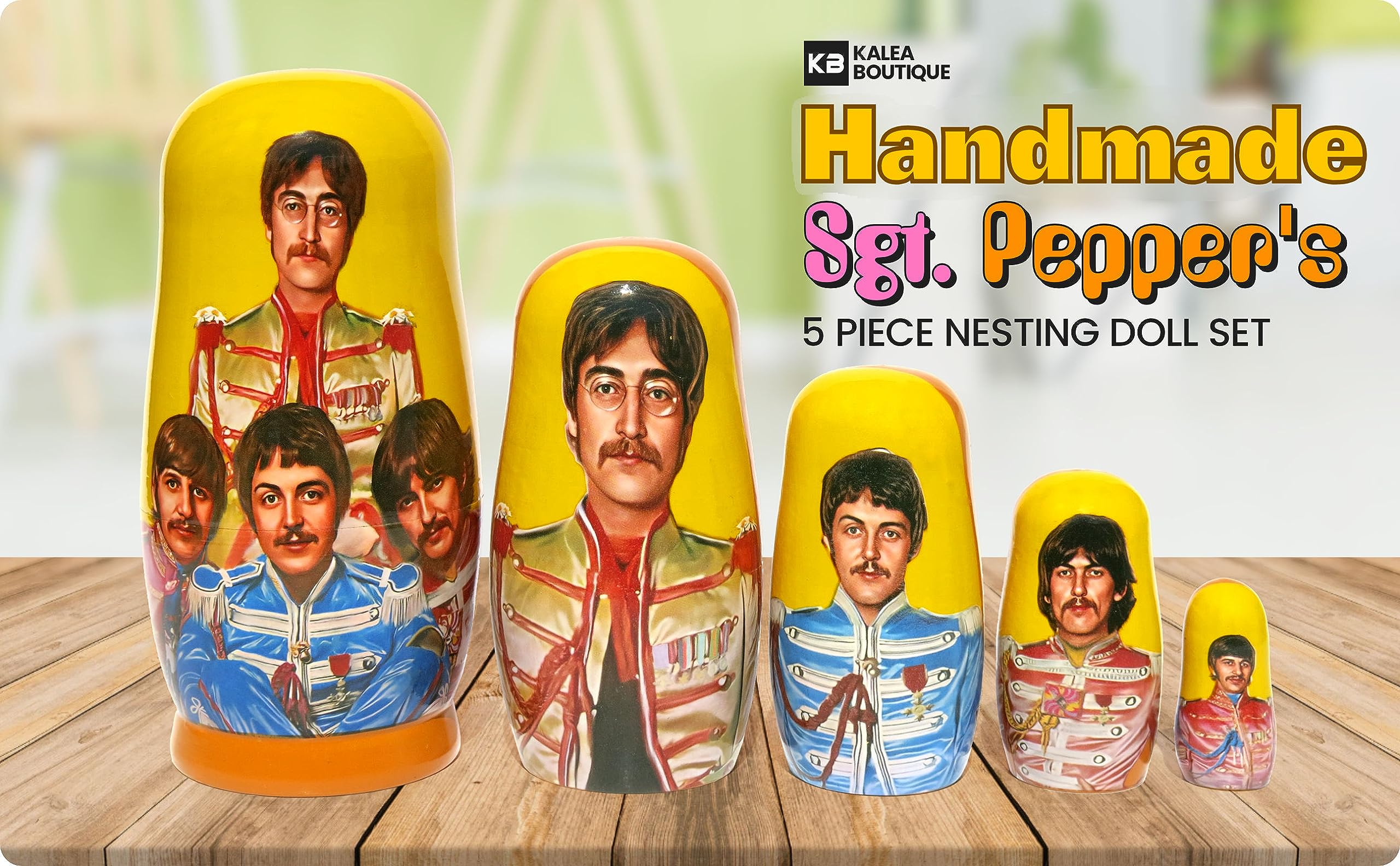 New The Beatles SGT. Pepper's Russian Style Nesting Doll 5 Piece Stacking Matryoshka Portrait Memorabilia Wooden Doll in Doll Set 5.5-6 Inches Tall