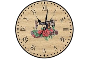 SWAVECAT Rose Flower Sewing Machine Art Clock Battery Non Ticking Silent Wall Clocks Tailor Sewing Time Sew Wall Clocks Craft Room Decor Clock Vintage Farmhouse 10inch Round Clock for Bathroom Bedroom