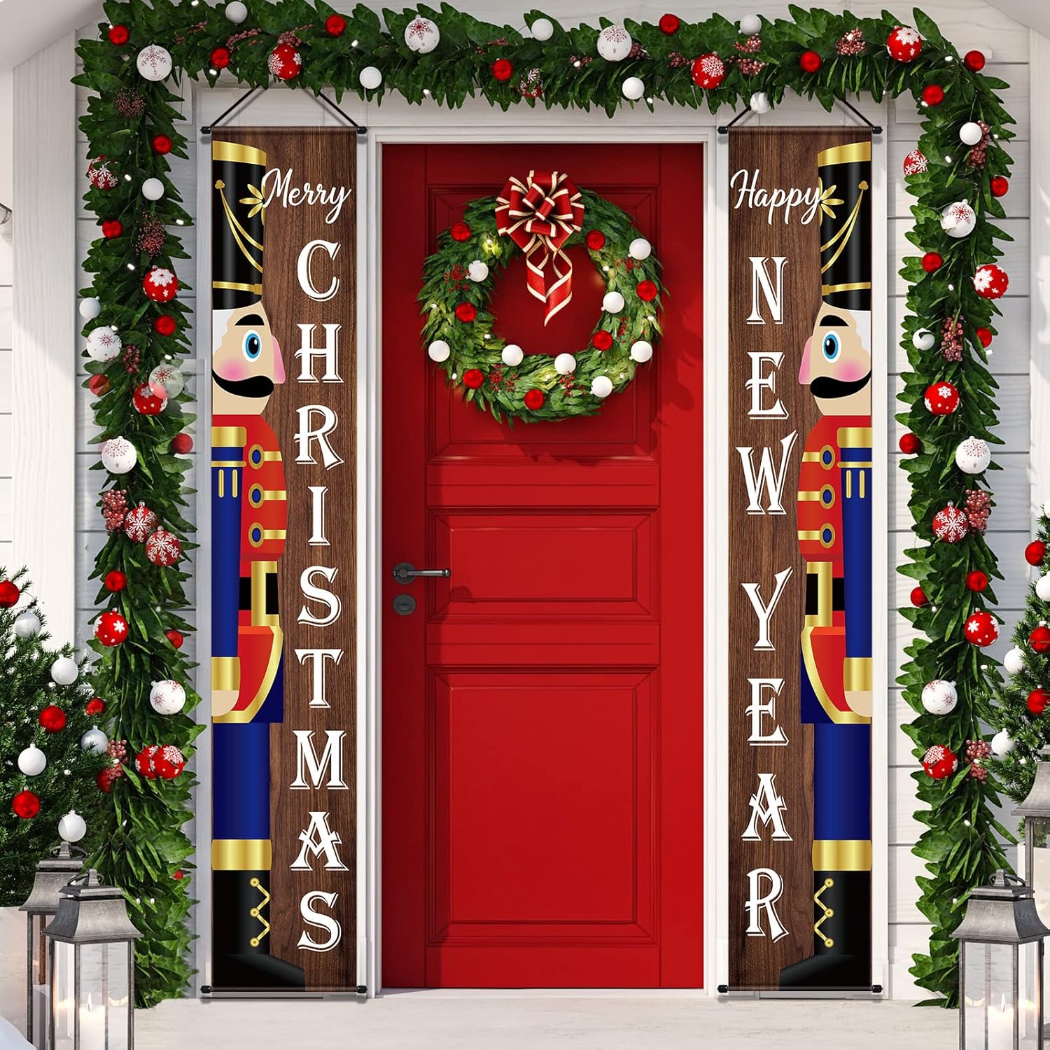 Nutcrackers - Tiamon Christmas Nutcracker Soldier Porch Sign Banner Merry Christmas Door Banner New Year Front Porch Door Sign Christmas Decorations for Home Xmas Holiday Front Door (Nutcracker Style)