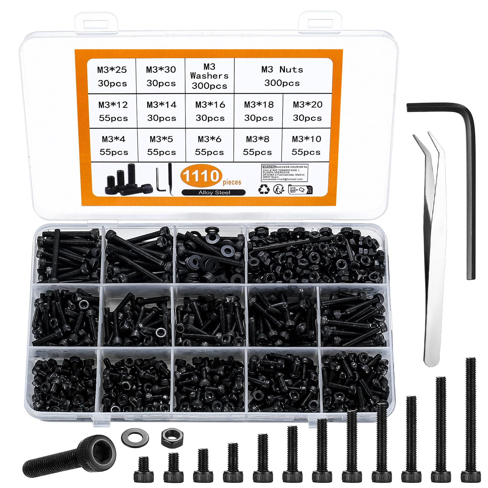 1110 Pcs M3 Bolts and Nuts Set, Hex Socket Button Head Cap Screws Bolts Nuts Assortment Kit, Carbon Steel Replacement Machine Fastener Screws Sets — image 1