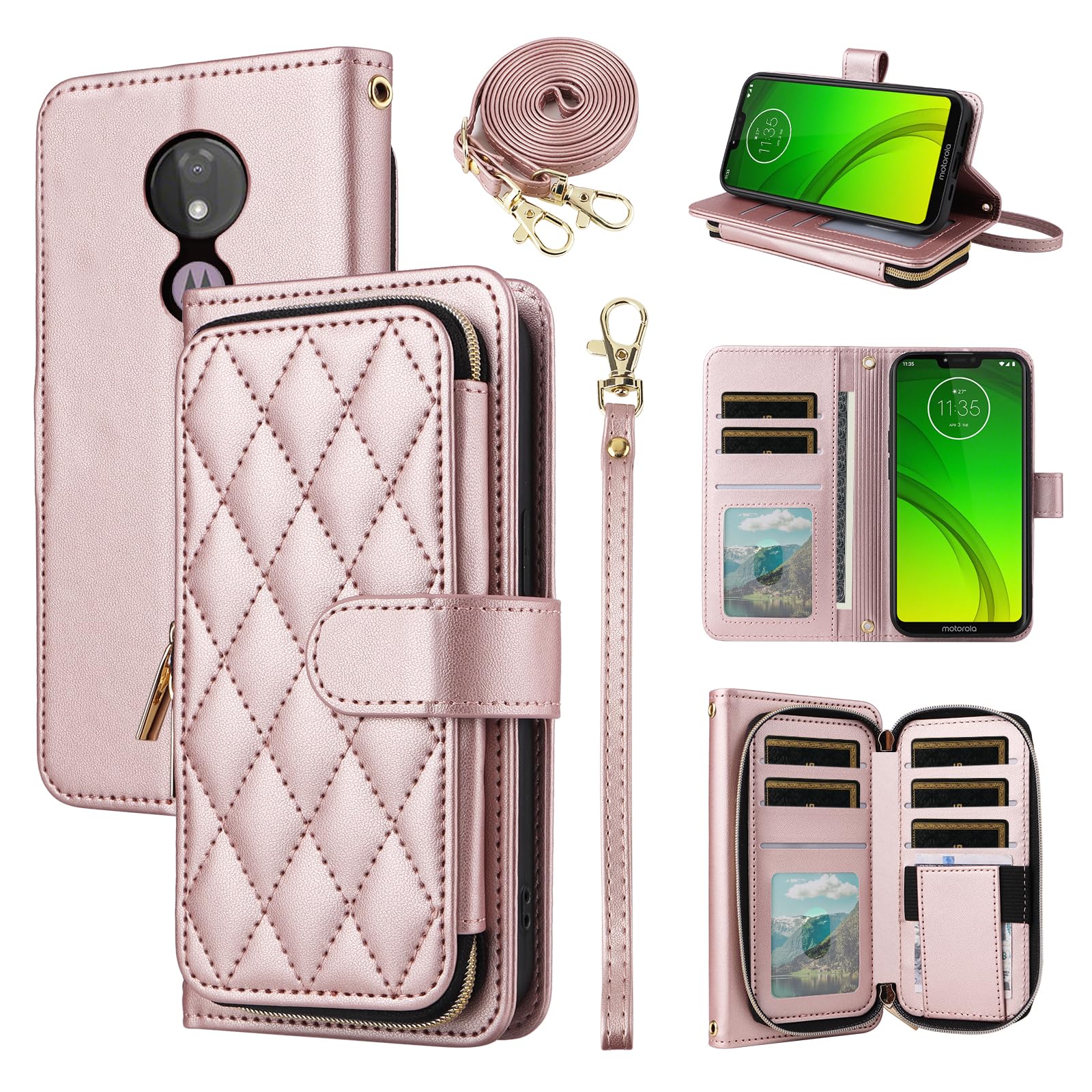 ELISORLI Wallet Case for Moto G7/G7+/Revvlry Plus with Detachable Wrist Strap Crossbody Shoulder Strap 9 Card Slots Phone Cover for Motorola G7Plus Moto7 XT1962-1 G 7 7G Tmobile Revvlry+ Girls Pink