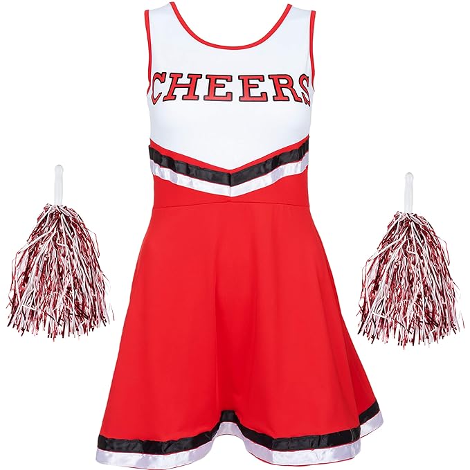Redstar Fancy Dress - Damen Cheerleader-Kostüm - Uniform mit Pompons - Halloween, American High School - 6 Größen 34-44 - Rot