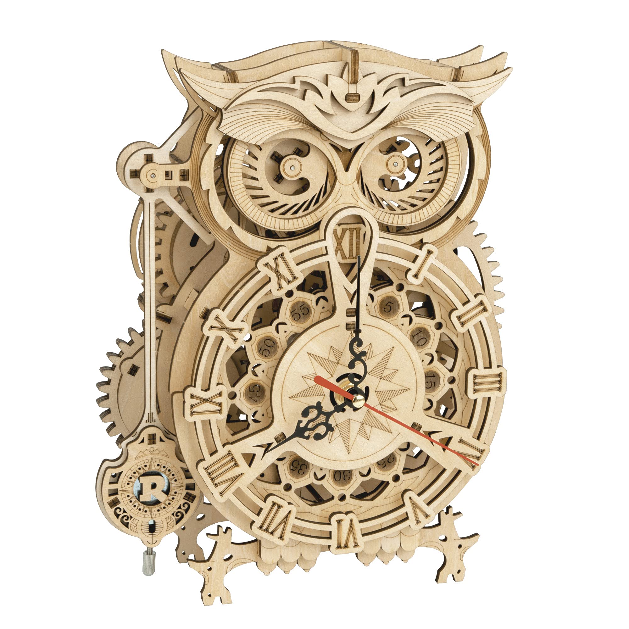 ROBOTIME 3D Wooden Puzzle Owl Alarm Clock Model Kits for Adults to Build Your Own Mechanical Building Kits Pendulum Wood Craft