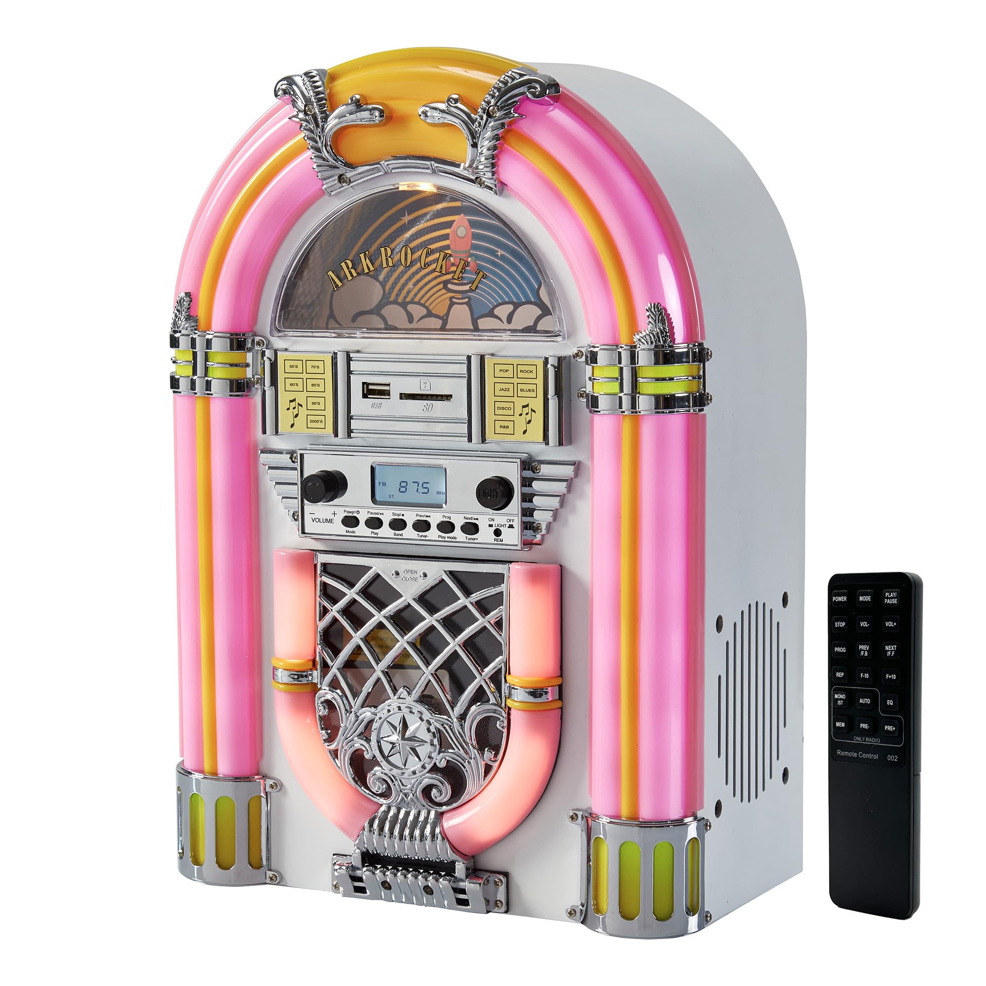 Photo 1 of Arkrocket Athena Mini Jukebox/Tabletop CD Player/Bluetooth Speaker/Radio/USB and SD Card Player with Retro LED Lighting System (Pink White)