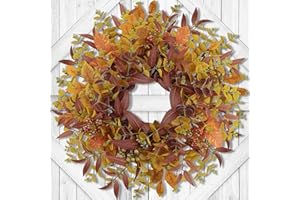 JDKPK Fall Wreaths for Front Door 24 Inch Large Artificial Autumn Wreath with Eucalyptus Leaves Harvest Thanksgiving Indoor Outdoor Decor Porch Window Wall Farmhouse Rustic Hanging Door Decorations