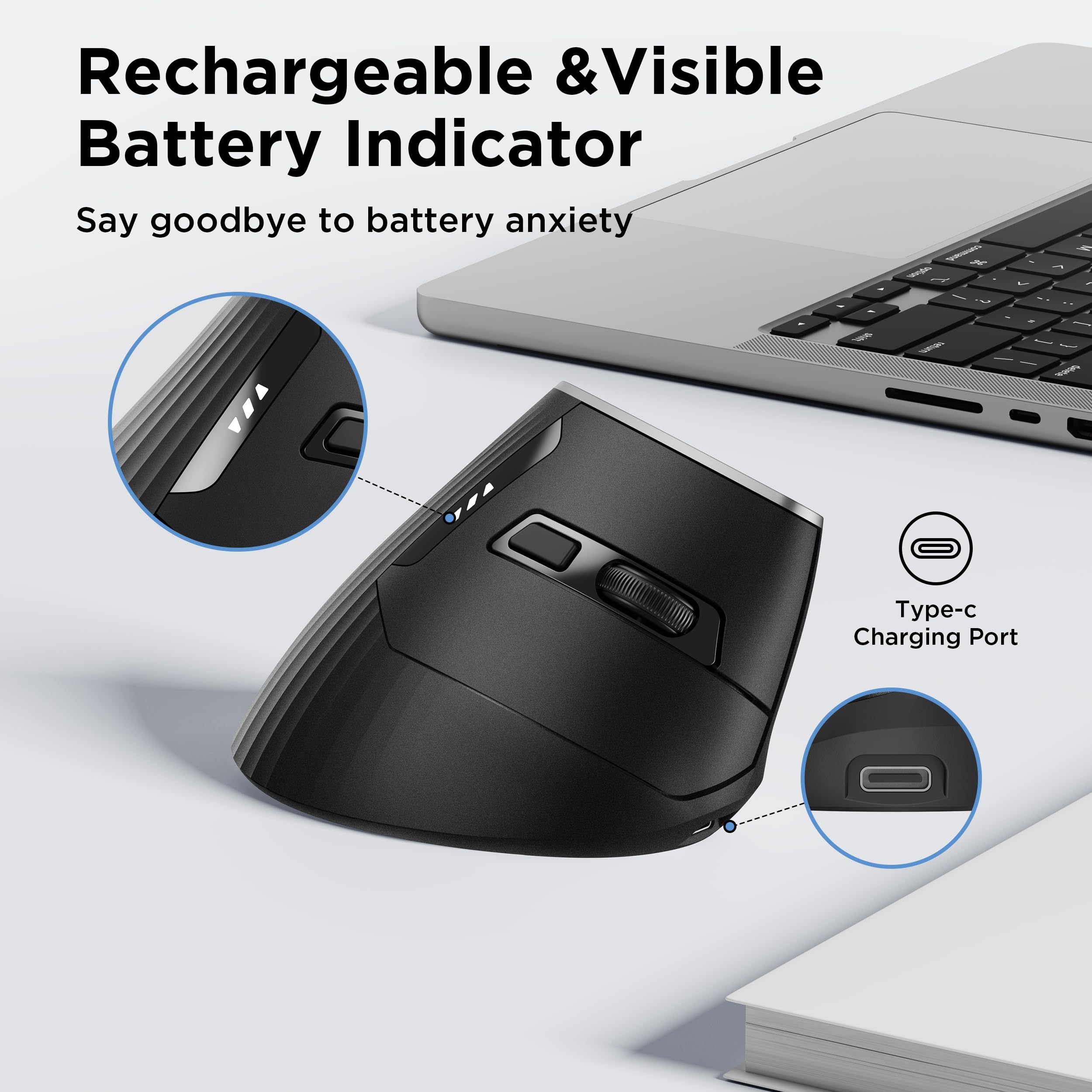 Uineer kabellose Maus, Multi-Device Tri-Mode Maus, sichtbare Leistungsstufe (2.4G+BT4.0/BT5.0) Wiederaufladbare Wireless Mouse, 4 einstellbare DPIs, 6 Tasten, für Laptop, Desktop, PC (Schwarz) 6