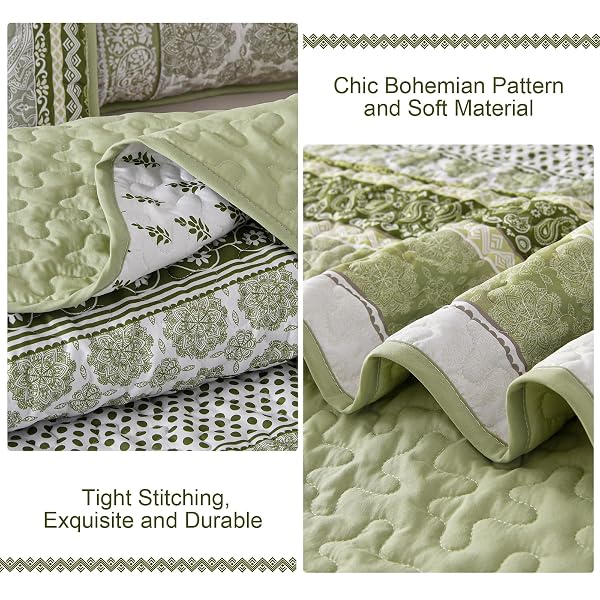 WONGS BEDDING BOHO QUILT SET QUEEN SIZE, SAGE GREEN BOHEMIAN 3 PIECES QUILT SETS, LIGHTWEIGHT BEDSPREAD COVERLET BEDDING SET FOR ALL SEASON (96″X90″)