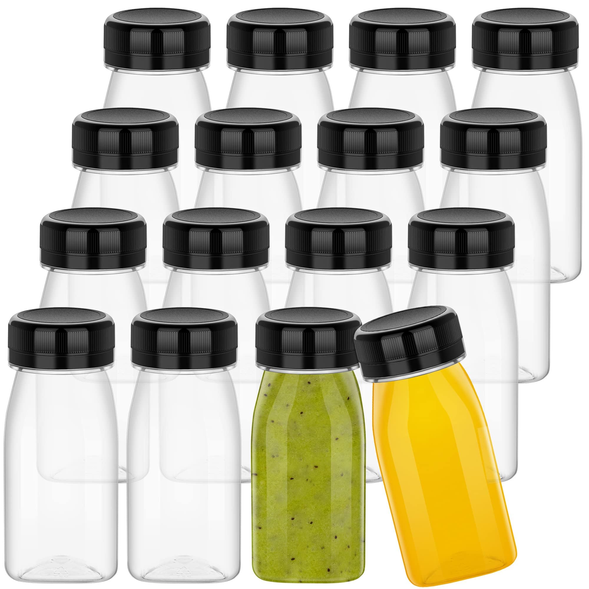 MIMIND 16Pcs 4oz/120ml Mini Plastic Juice Bottles,Small Clear Shot Bottles with Lids,Reusable Food Grade Beverage Drink Containers for Juices,Smoothie,Milk,Water and Other Beverages