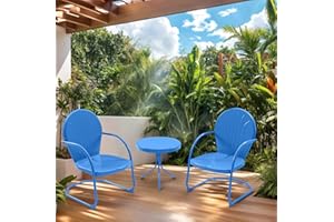 RICNOD 3 Pieces Patio Bistro Set Retro Metal Outdoor Seating Conversation, 2 C-Spring Retro Metal Patio Chairs and Round Side Table, for Balcony, Yard, Garden - Ocean Blue