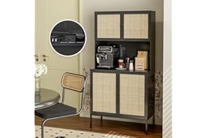IKIFLY Kitchen Pantry Rattan Storage Cabinet with Outlet and USB Ports, Kitchen Sideboard Buffet Cabinet with Handmade Rattan Doors & Large Countertop, Freestanding Tall Cupboard for Home - Black