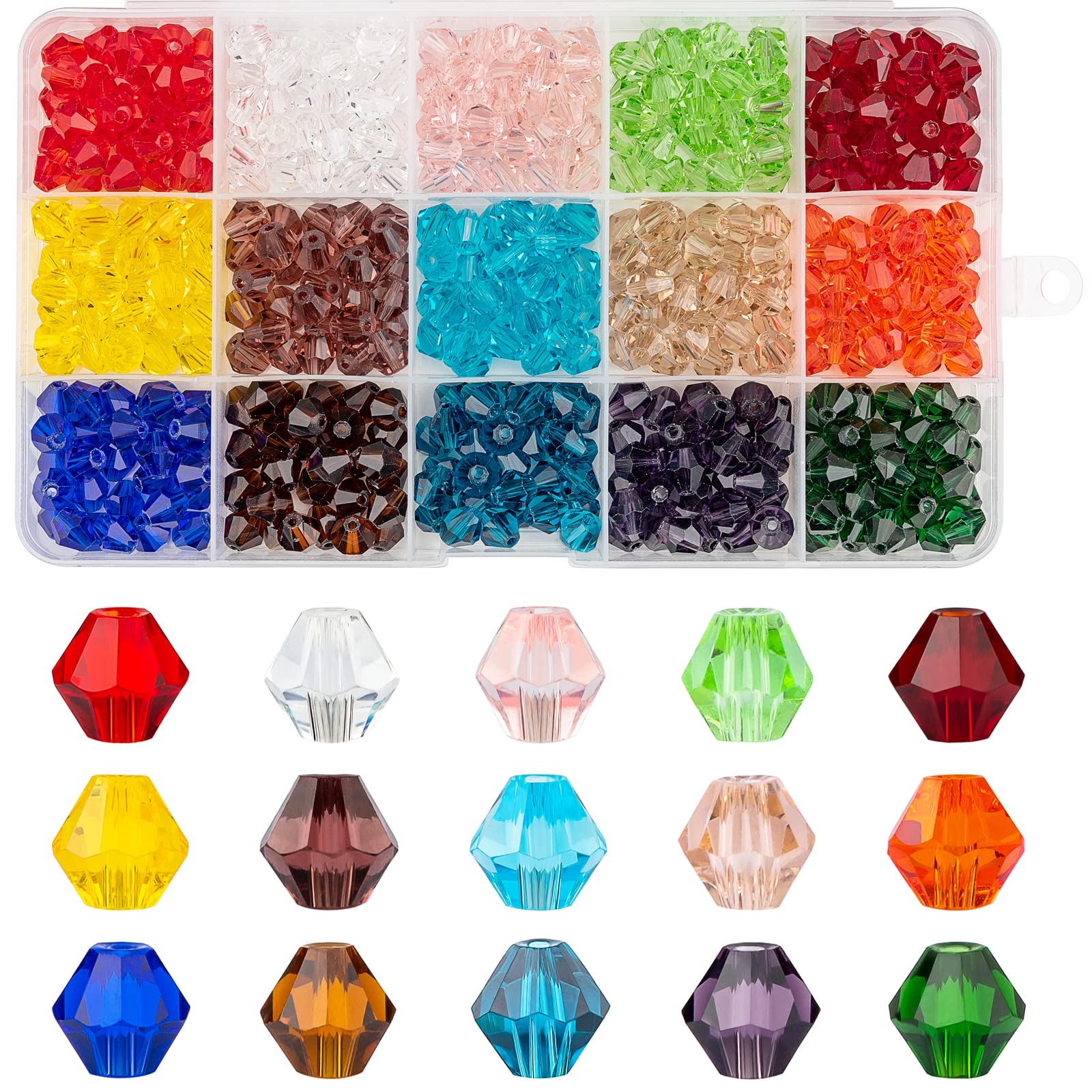 MissAudrey 450pcs Bicone Glass Beads 8mm Bicone Crystal Beads for Jewelry Making Faceted Crystal Glass Beads 15 Colors for DIY Beading Projects Bracelets Necklaces Earrings Suncatcher Crafts