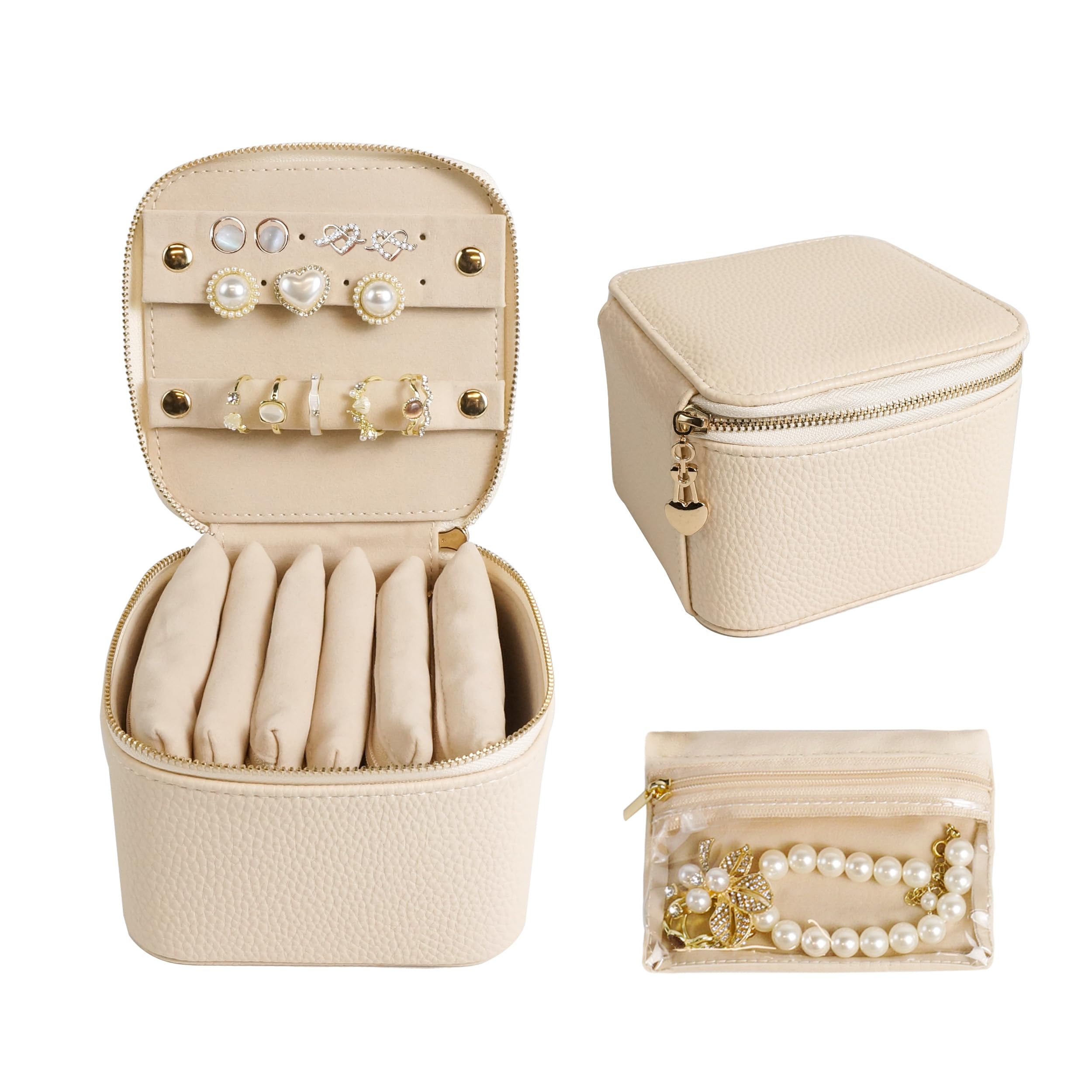Photo 1 of LFC FormuLa Travel Jewelry Organizer, Jewelry Travle Case with 6 Velvet Jewelry Bags, Portable Travel Jewelry Storage Box, Valentines Gifts for Women (Beige)