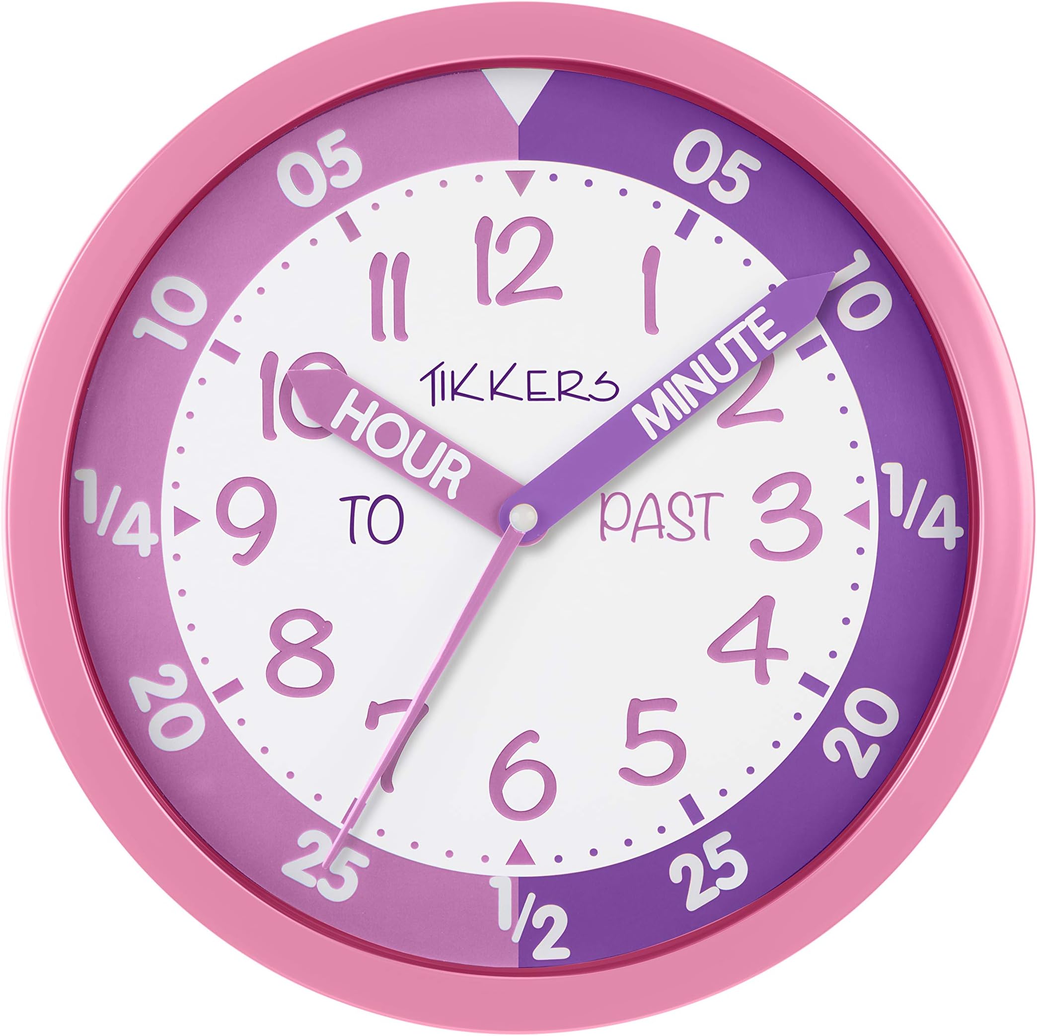 Tikkers wall clock with a white, light pink & purple face TKWC002