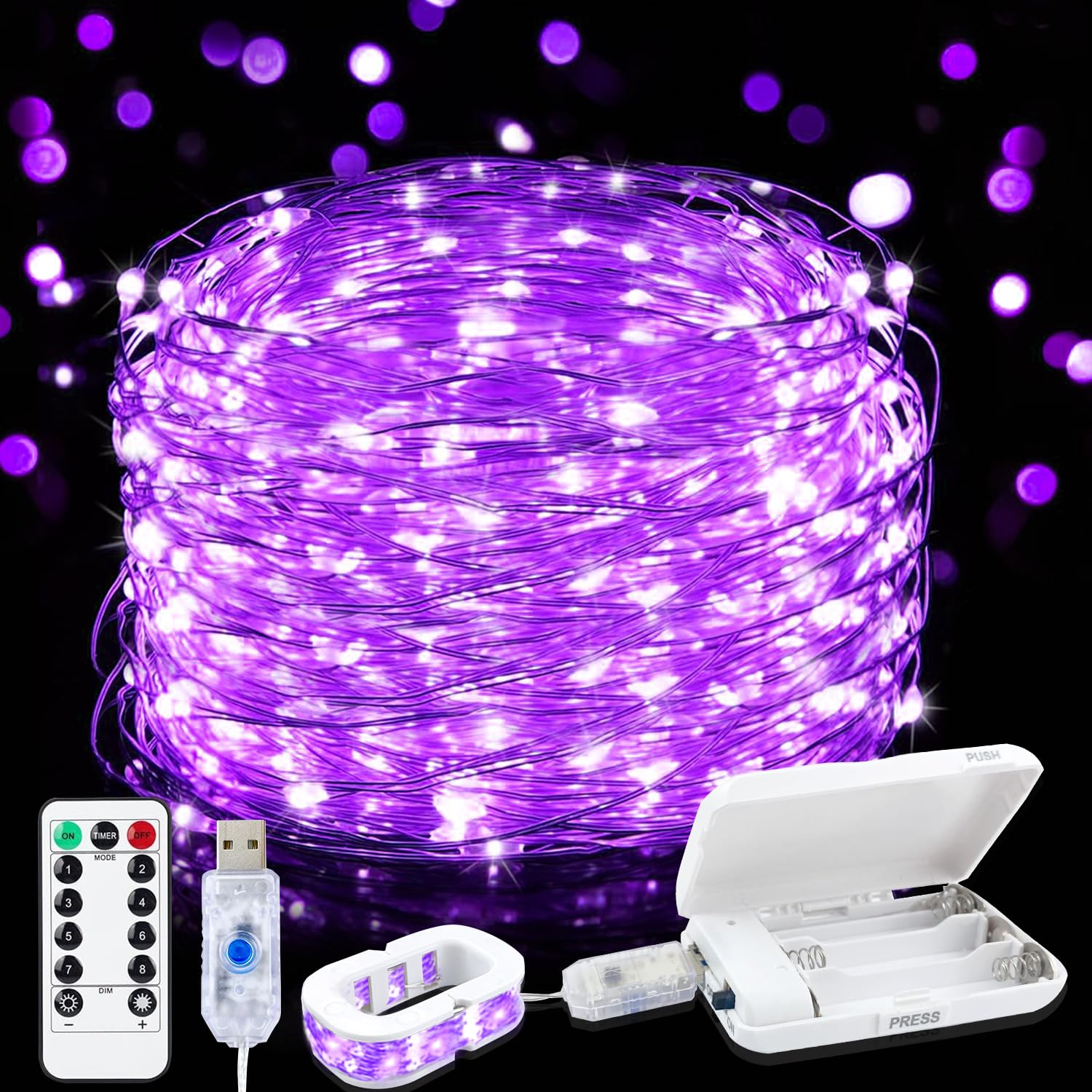 Photo 1 of Aogist 50LED Fairy Lights 16ft Dual Power(USB/Battery) with Remote & Timer, 8 Modes Flexible Copper Wire Waterproof String Lights for Outdoor Christmas Wedding Bedroom Party Decor-1 Pack,Purple