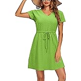 Doreyi Women's Swimsuit Cover Ups V-Neck Drawstring Slit Eyelet Embroidery Bikini Beachwear Flowy Short Sleeve Beach Dress