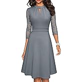 HOMEYEE Women's Round Neck Hollow Out Lace Patchwork Retro Party Dresses A234