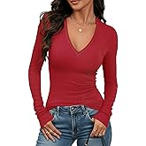 Prettywear Sexy Deep V Neck Long Sleeve Shirts for Women Ribbed Going Out Tops Fitted Casual Basic 2026 Spring Summer Clothes