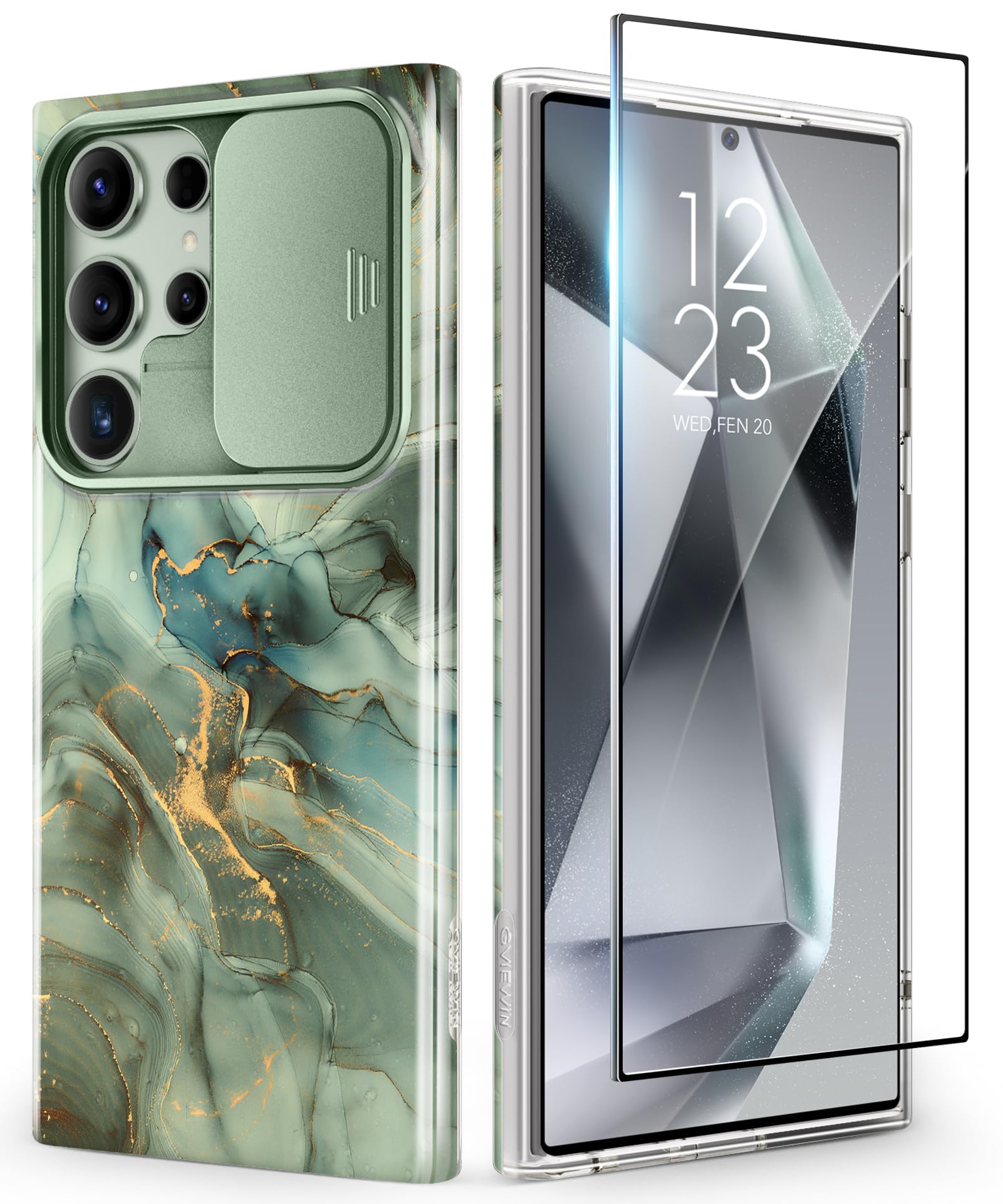 GVIEWIN for Samsung Galaxy S24 Ultra Case with Slide Camera Cover+Screen Protector, [Military Grade Shockproof] Marble Protective Slim & Tough Phone Case for S24 Ultra 6.8"(Desert Dream/Green)