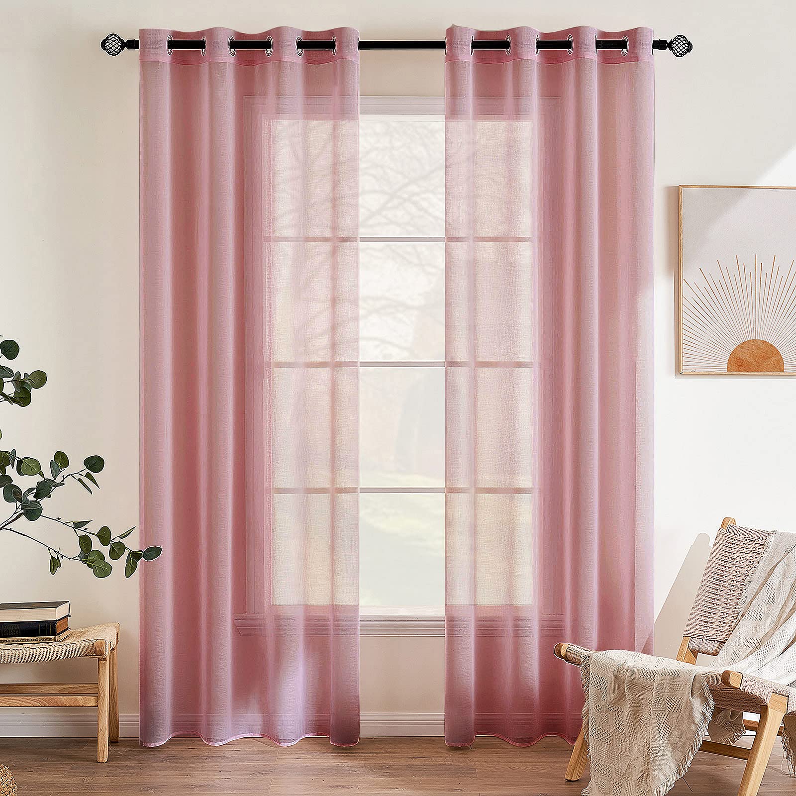 EMEMA 2 Panels Transparent Voile Curtains with Soft Eyelets Windows for Bedroom and Living Room Elegant Living Room 140x225cm Dirty Pink