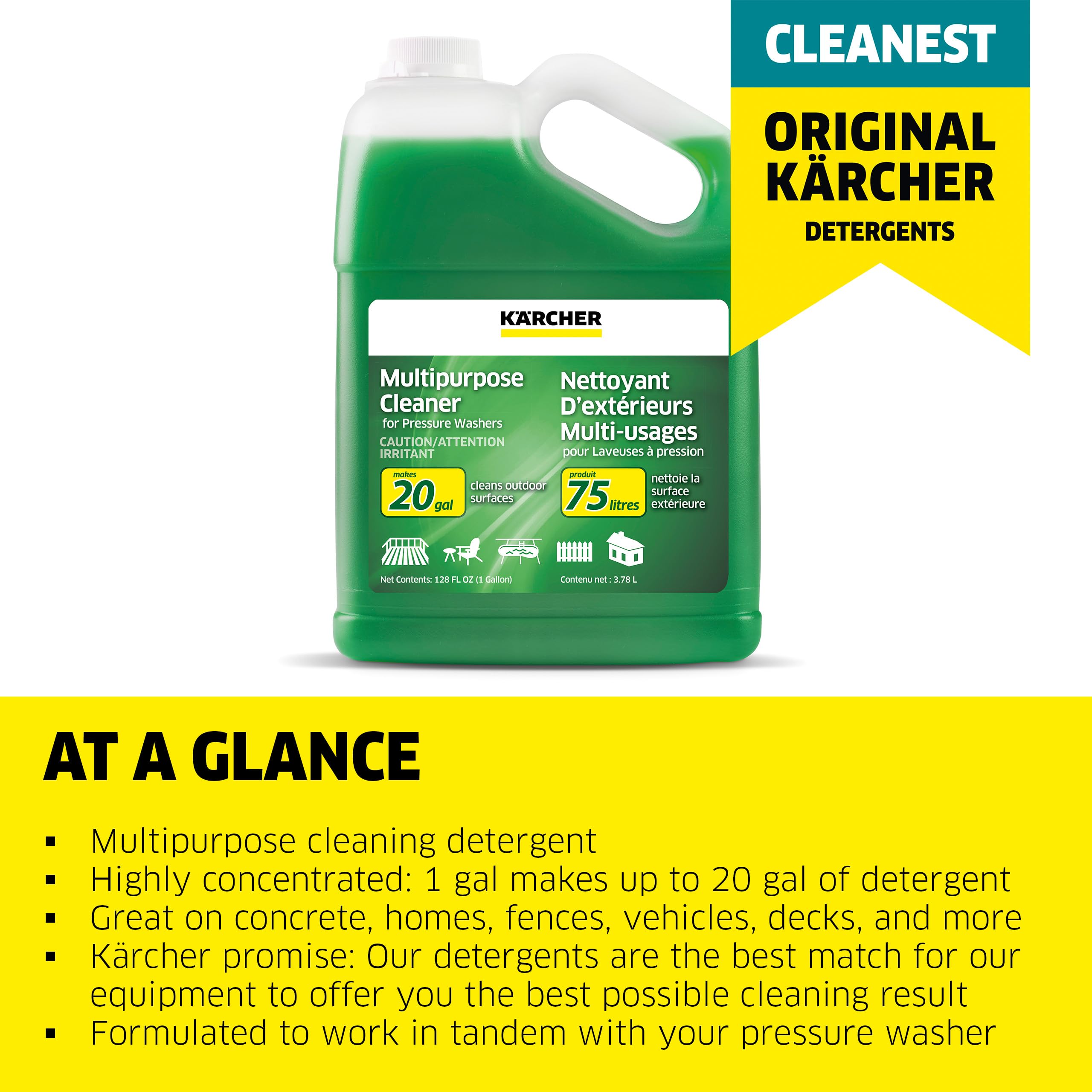 Kärcher Multi Purpose Pressure Washer Detergent, Removes Dirt and Grime from Fences, Siding, Patios, Driveways, Sidewalks, Concrete and More, Highly Concentrated, Makes up to 20 gal of Cleaner