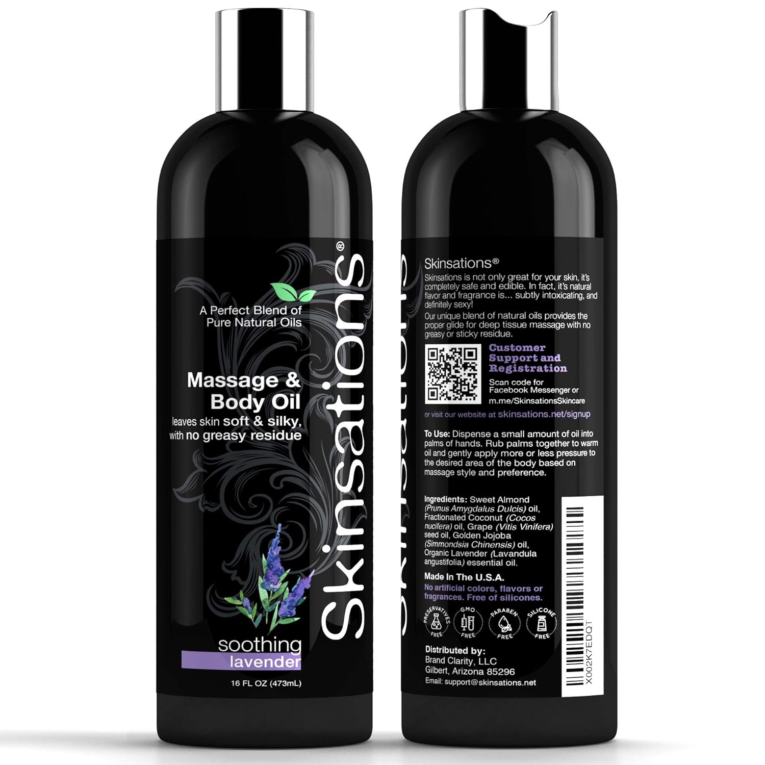 Skinsations - Sensual Massage & Body Oil - Lavender 16oz | Lightweight & Silky Soft, Edible Sweet Almond, Fractionated Coconut, Grapeseed & Jojoba Oils with Organic Lavender EO for Massage Therapy: Beauty
