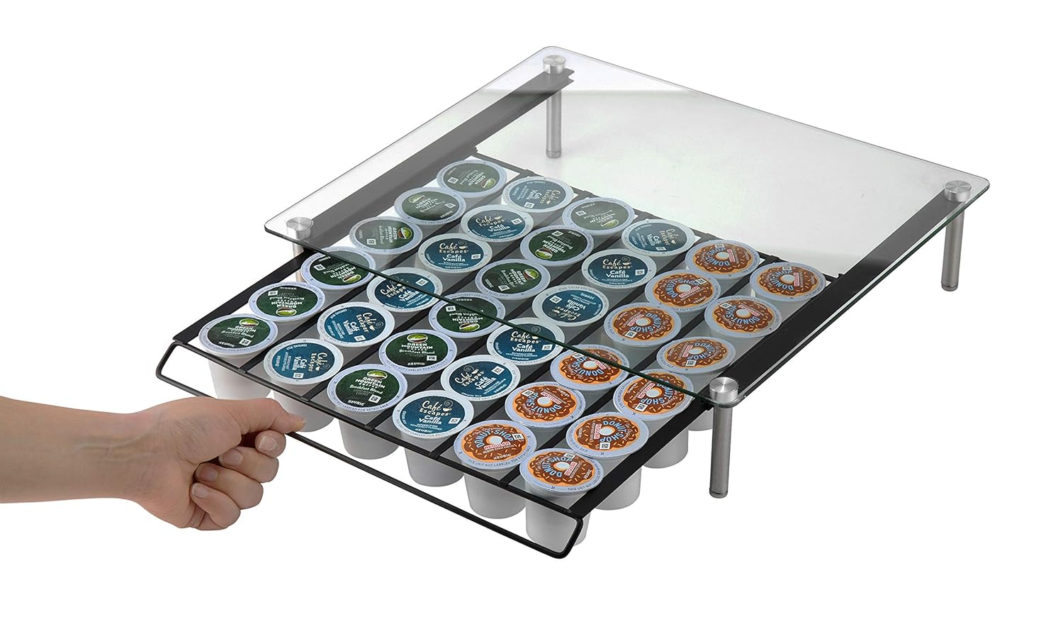 JackCubeDesign Tempered Glass 36 Coffee Holder Organizer Storage Box Stand Black Iron Drawer(14.8 x 13 x 2.6 inches) –:MK291A