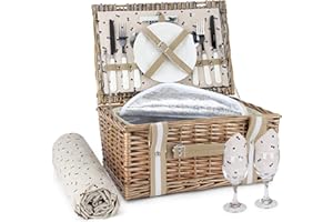 G GOOD GAIN Willow Picnic Basket Set for 2 Persons with Large Insulated Cooler Bag and Waterproof Picnic Blanket, Wicker Picnic Hamper for Camping,Outdoor,Birthday