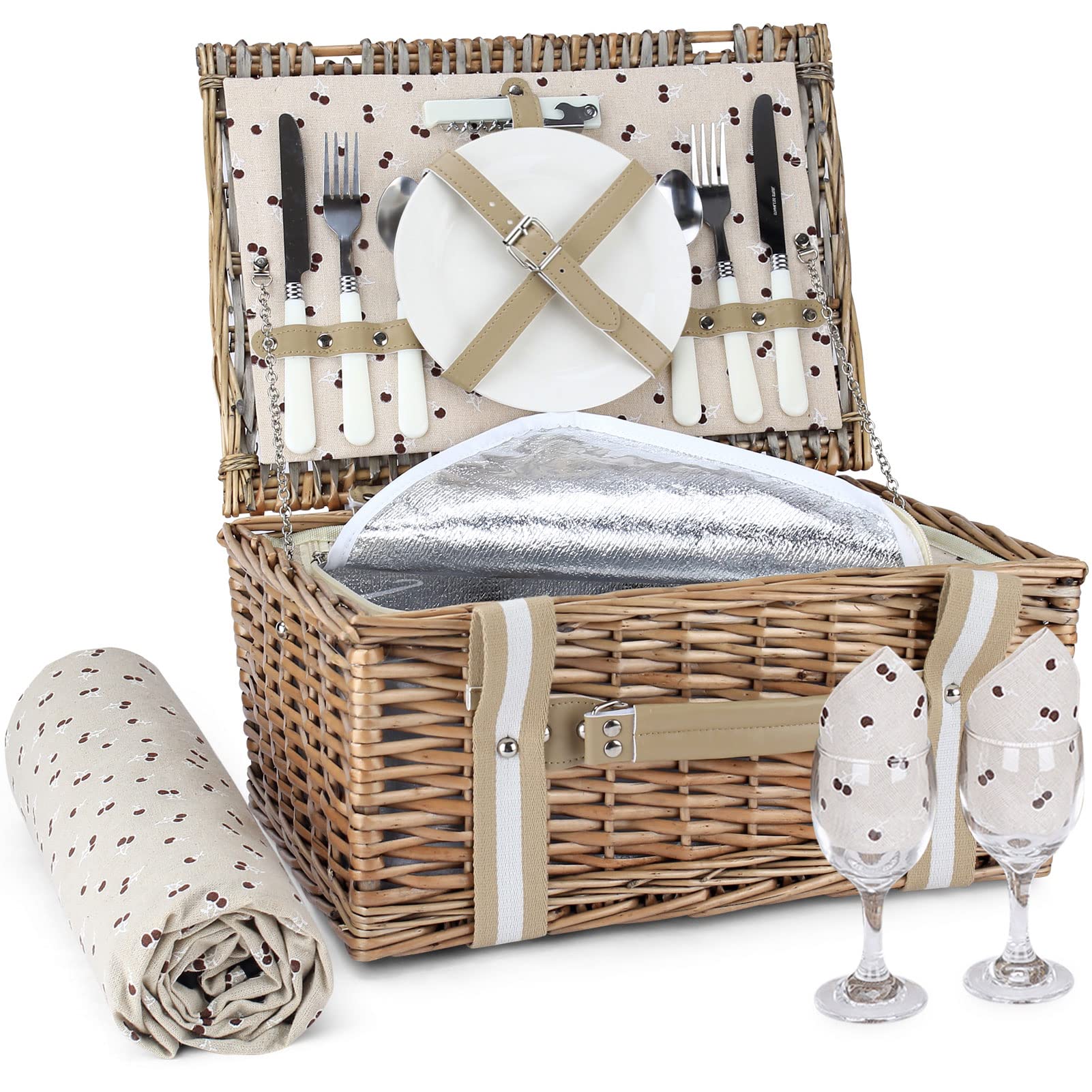 Willow Picnic Basket Set for 2 Persons with Large Insulated Cooler Bag ...