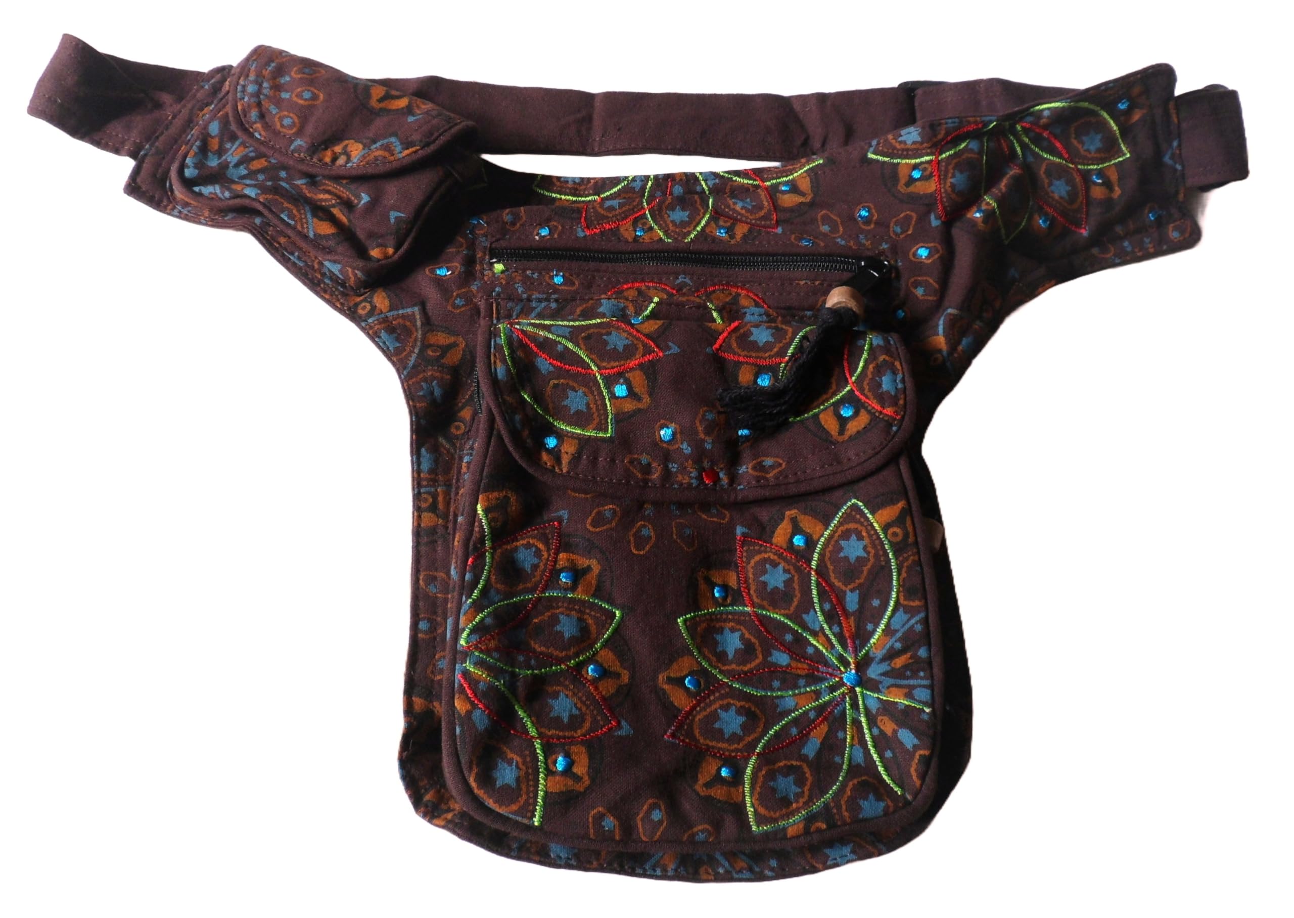 FAIR Trade Festival Boho Embroidered Cotton Travel Passport Bag Utility Hip Belt (Brown)