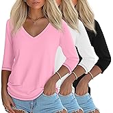 Ficerd 3 Pack Women's 3/4 Length Sleeve T Shirts, V Neck Tops Loose Fit Blouses Casual Tees 2026 Fashion Clothes