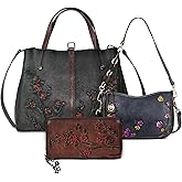 Genuine Leather Vintage Bag & Wallet Set for Women - Cowhide Crossbody Purse with RFID Blocking Wallet, Flower Embossed Retro Gift Combo
