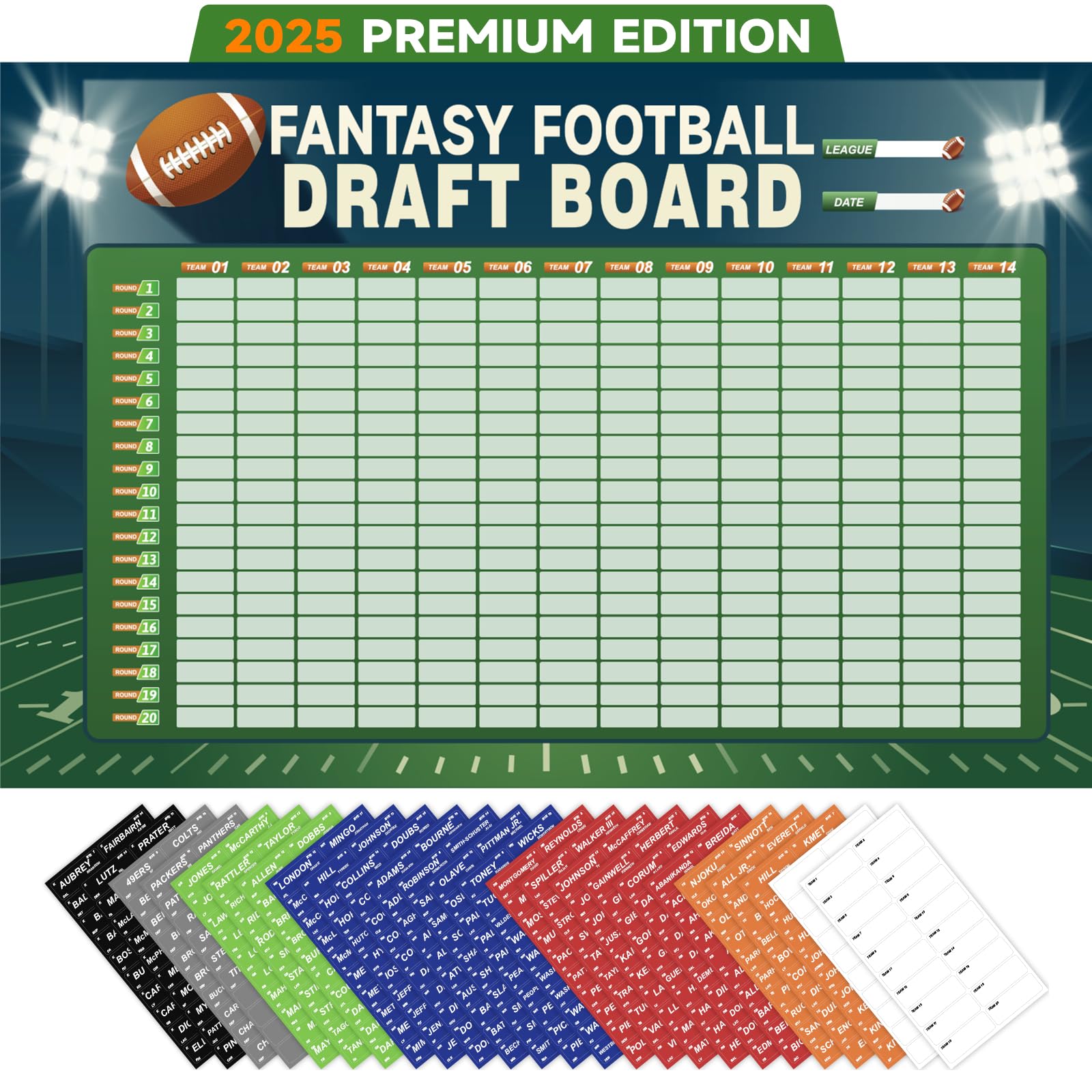 Photo 1 of JauniQ XL Fantasy Football Draft Board,6 x 4 Feet -Up to 14 Teams & 500+ Player Stickers & Draft Guide,120 LB Material.